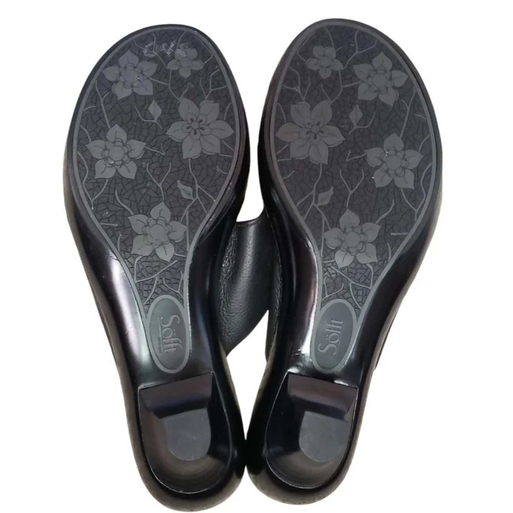 Sofft Sandals Black Womens 9.5 Heeled Thong Comfort Casual Leather Slide Sandal